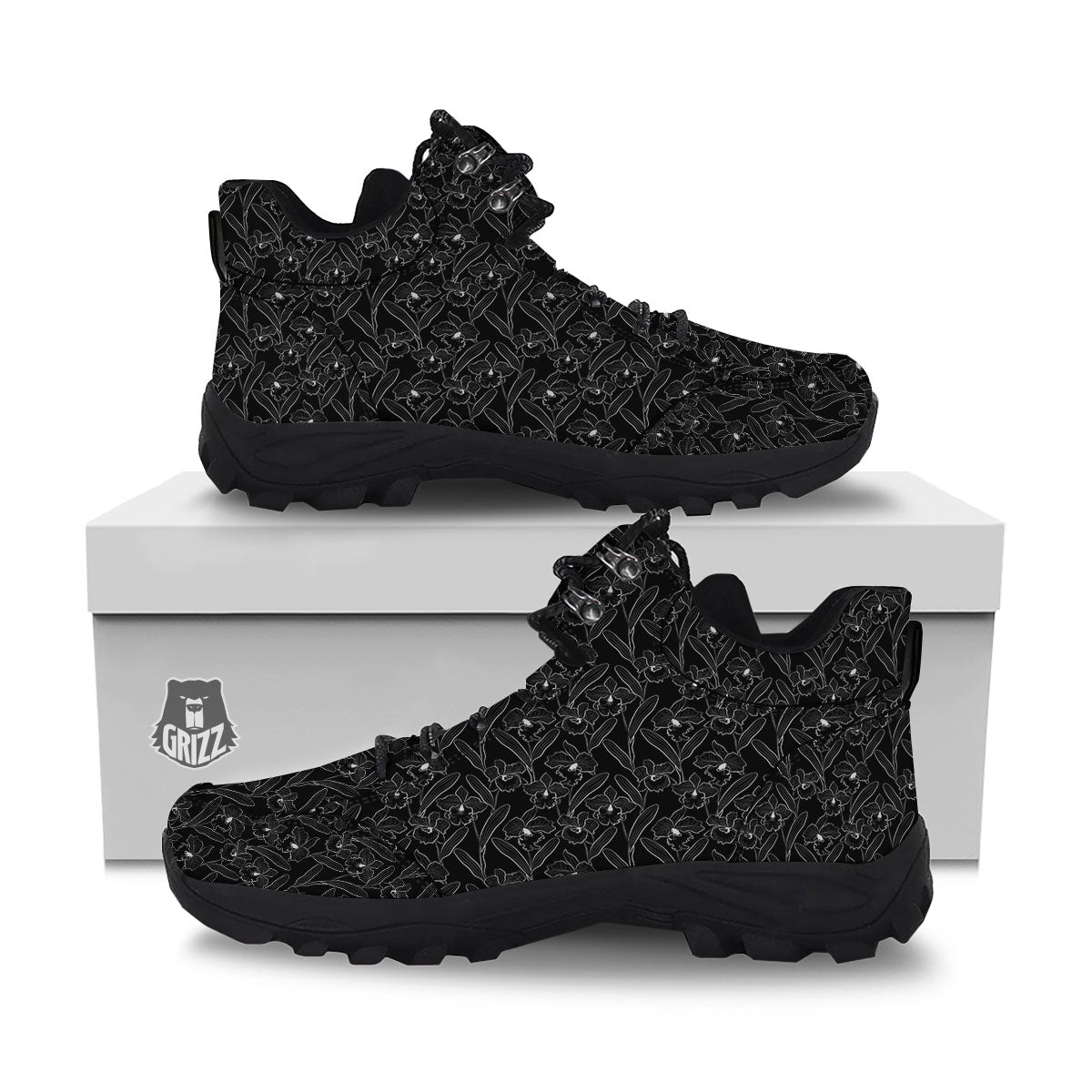 Flower Black Cattleya Print Pattern Hiking Shoes-grizzshop