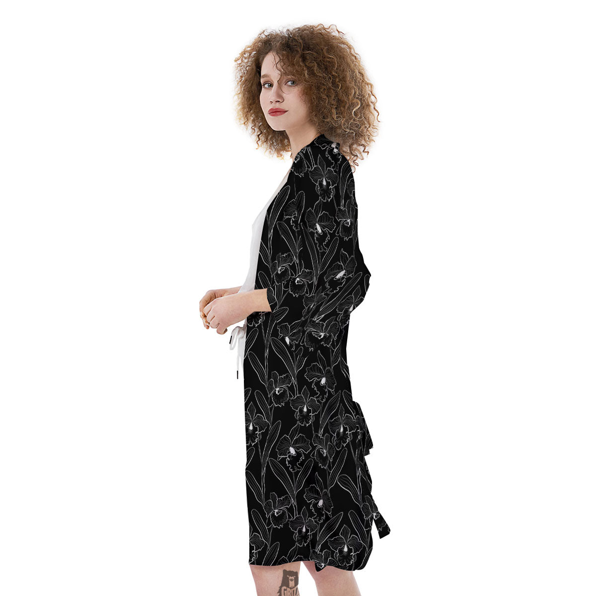 Flower Black Cattleya Print Pattern Kimono-grizzshop