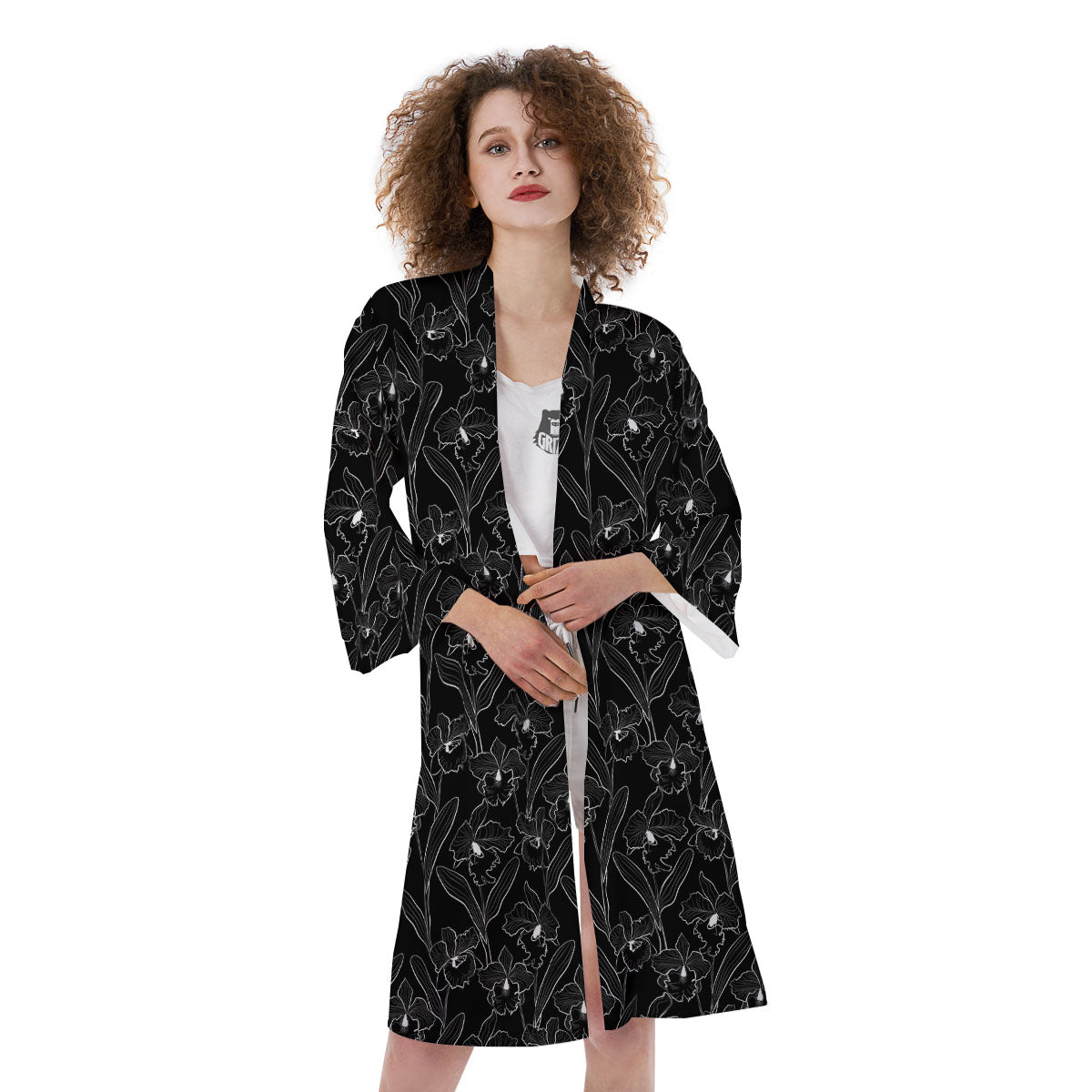 Flower Black Cattleya Print Pattern Kimono-grizzshop
