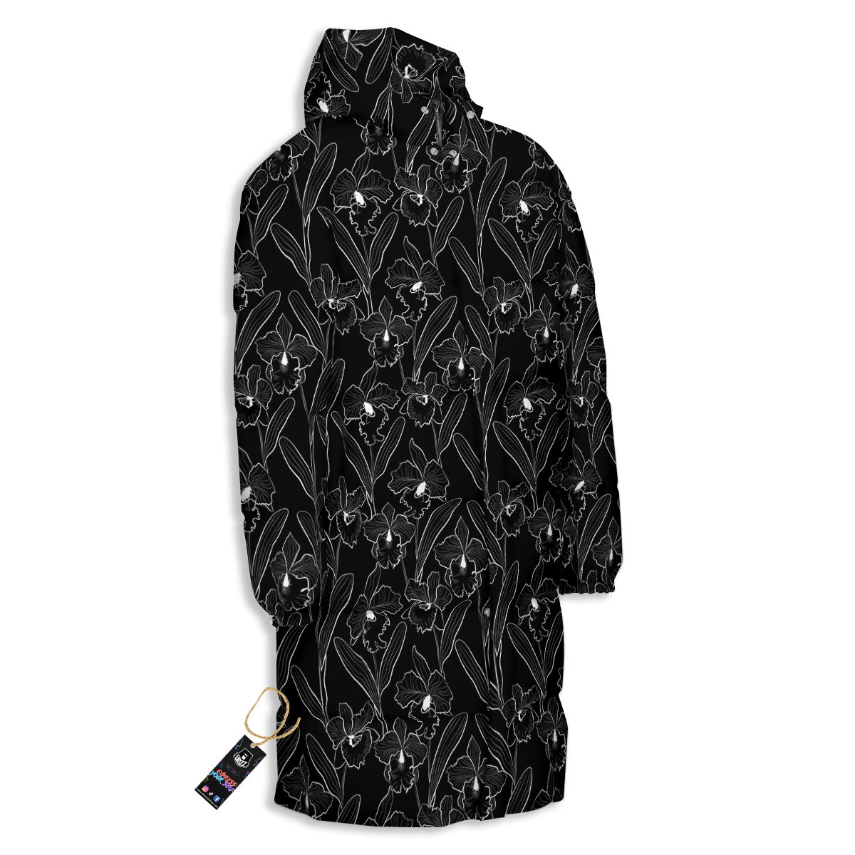Flower Black Cattleya Print Pattern Long Down Jacket-grizzshop