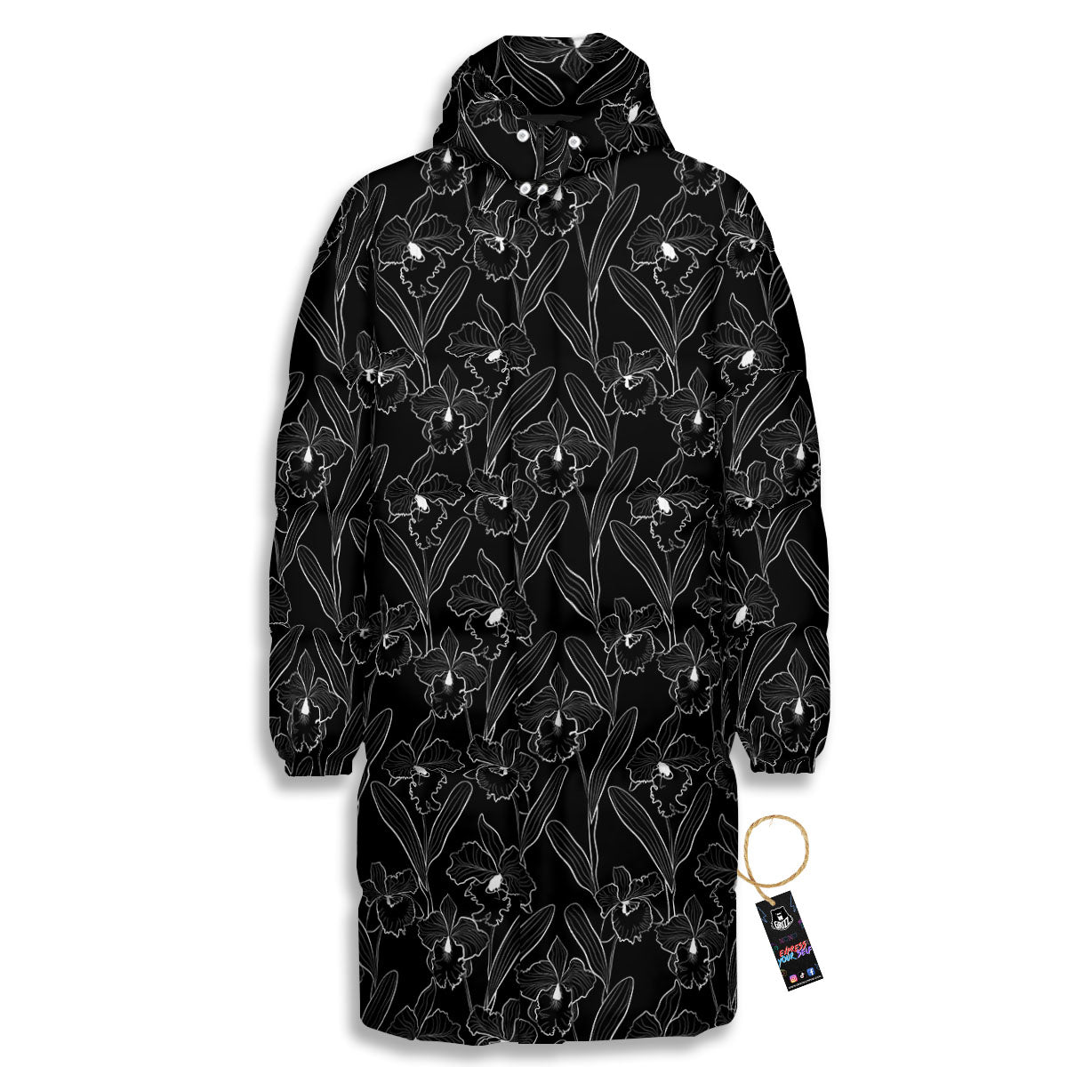 Flower Black Cattleya Print Pattern Long Down Jacket-grizzshop