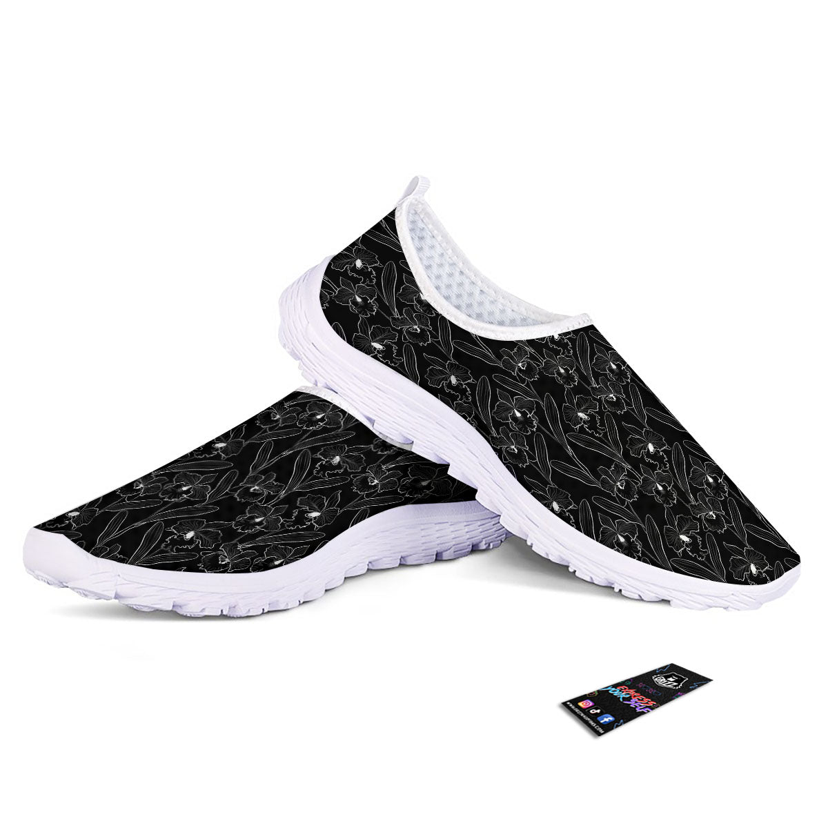 Flower Black Cattleya Print Pattern Nurse Shoes-grizzshop