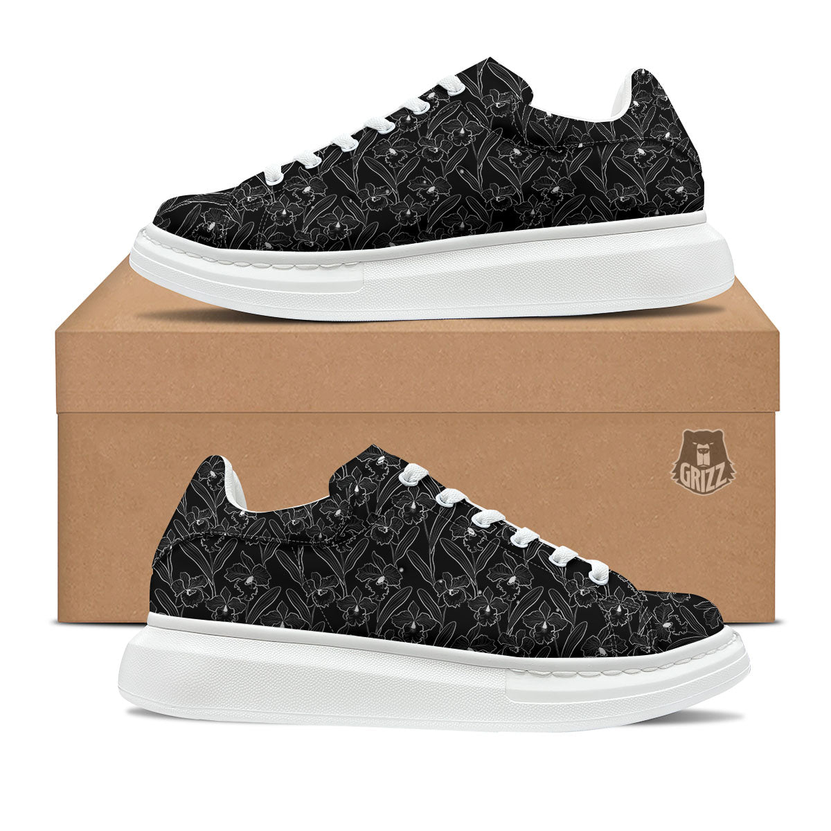 Flower Black Cattleya Print Pattern Platform Shoes-grizzshop