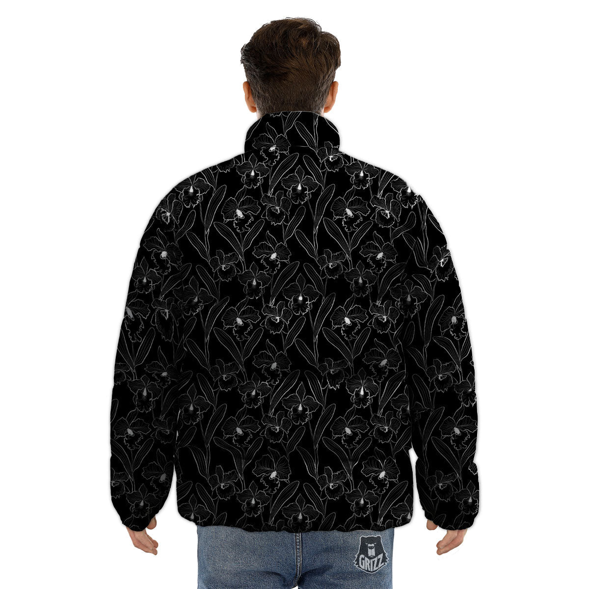 Flower Black Cattleya Print Pattern Puffer Jacket-grizzshop