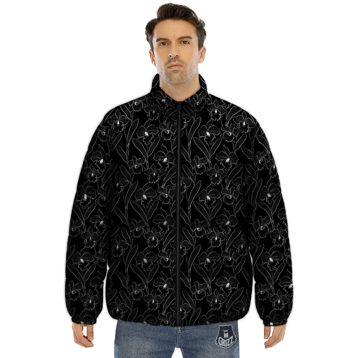 Flower Black Cattleya Print Pattern Puffer Jacket-grizzshop