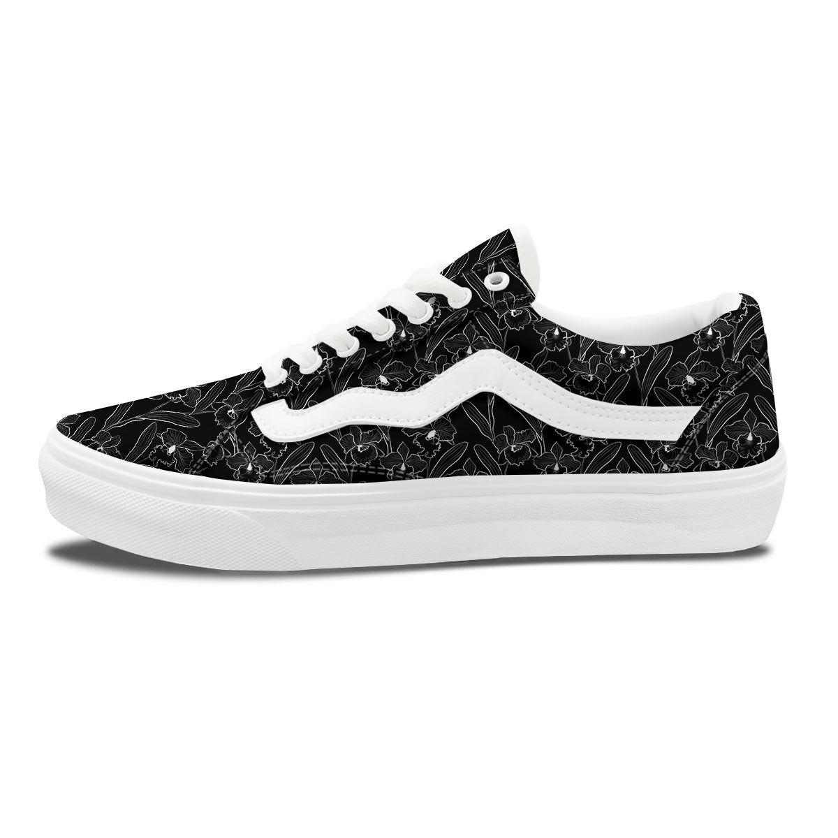 Flower Black Cattleya Print Pattern Skate Shoes-grizzshop