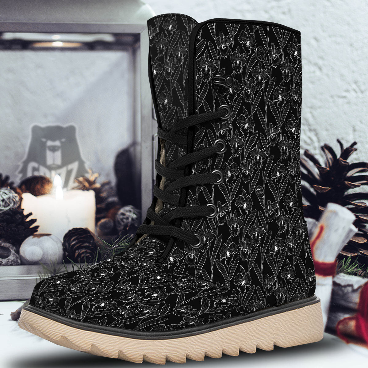 Flower Black Cattleya Print Pattern Snow Boots-grizzshop