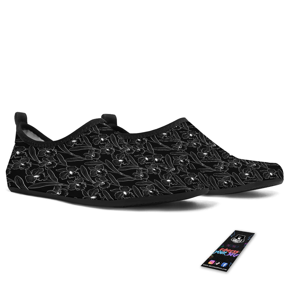 Flower Black Cattleya Print Pattern Water Shoes-grizzshop