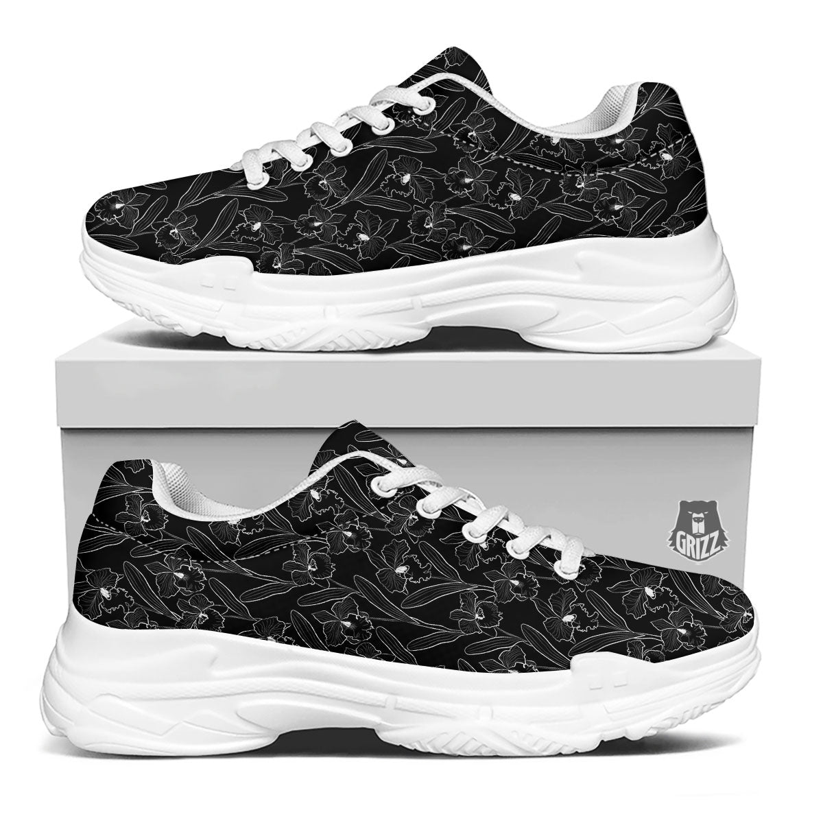 Flower Black Cattleya Print Pattern White Chunky Shoes-grizzshop