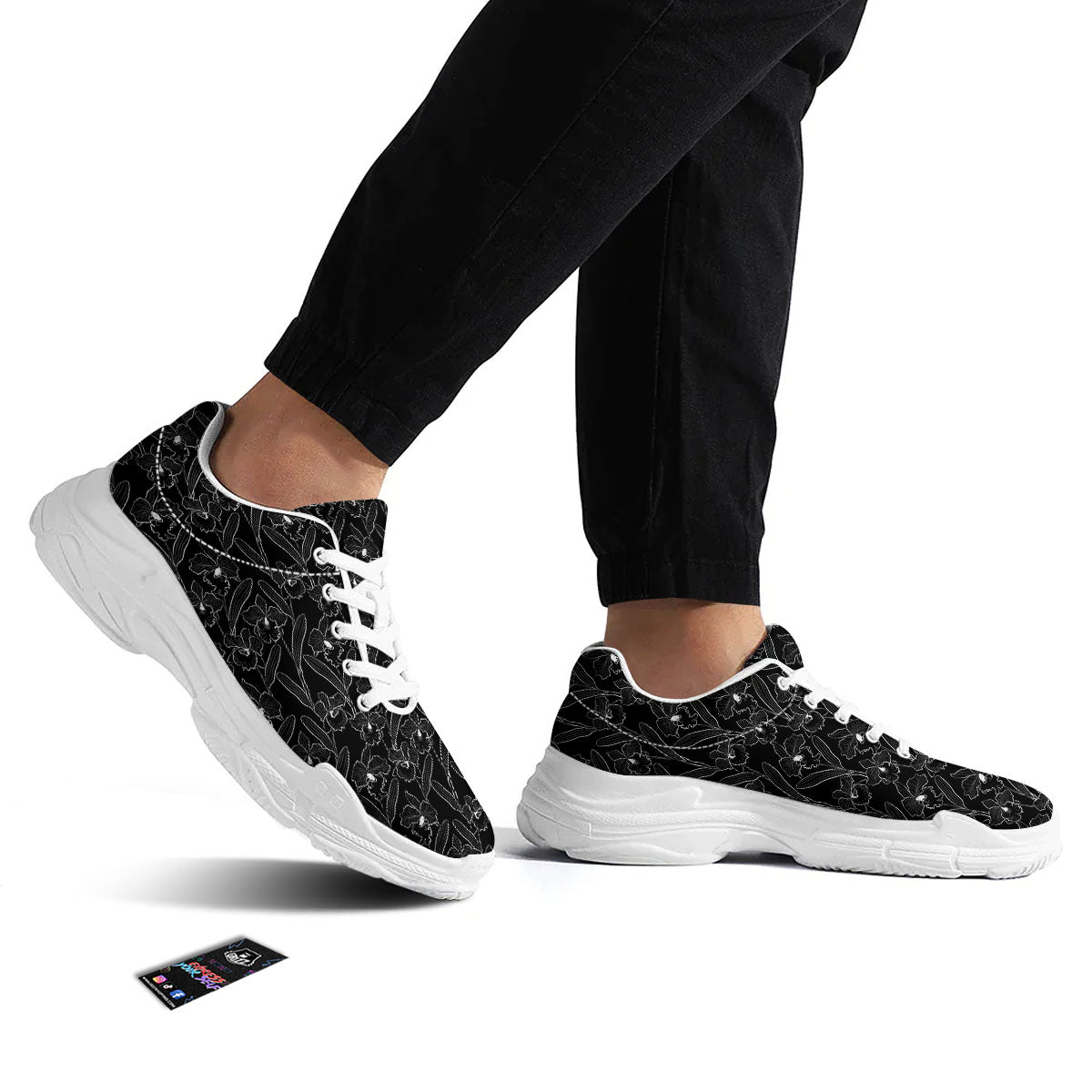 Flower Black Cattleya Print Pattern White Chunky Shoes-grizzshop