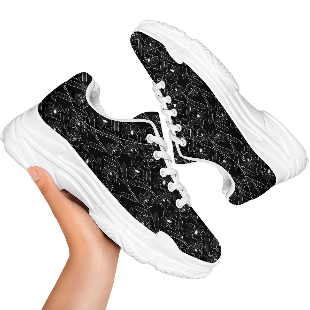 Flower Black Cattleya Print Pattern White Chunky Shoes-grizzshop