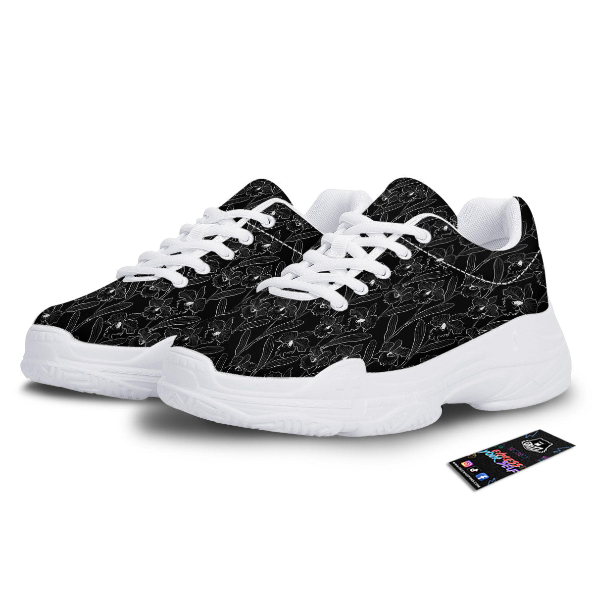 Flower Black Cattleya Print Pattern White Chunky Shoes-grizzshop
