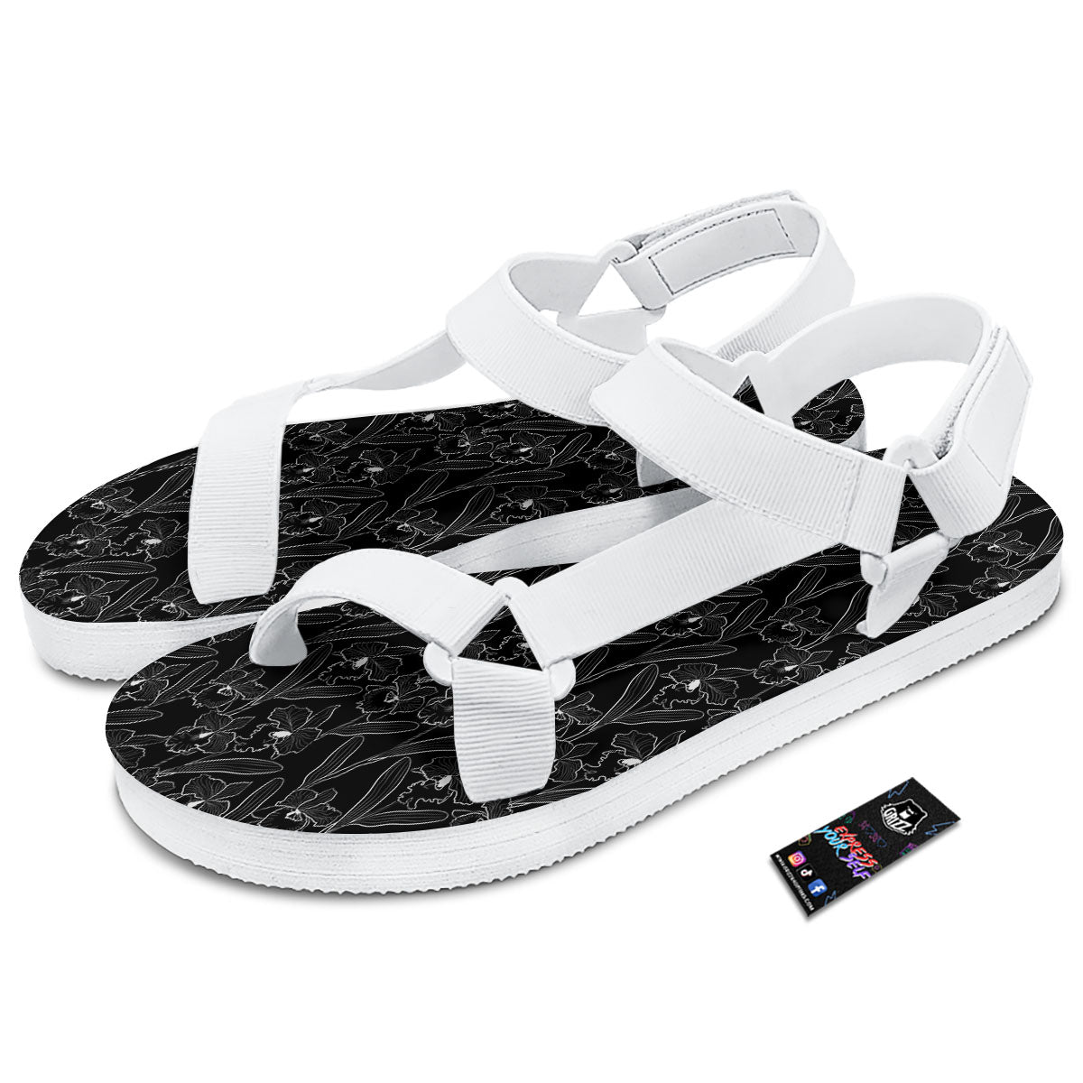 Flower Black Cattleya Print Pattern White Open Toe Sandals-grizzshop