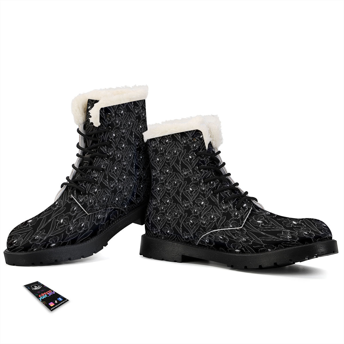 Flower Black Cattleya Print Pattern Winter Boots-grizzshop