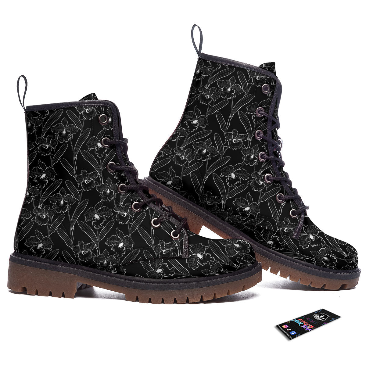 Flower Black Cattleya Print Pattern Work Boots-grizzshop