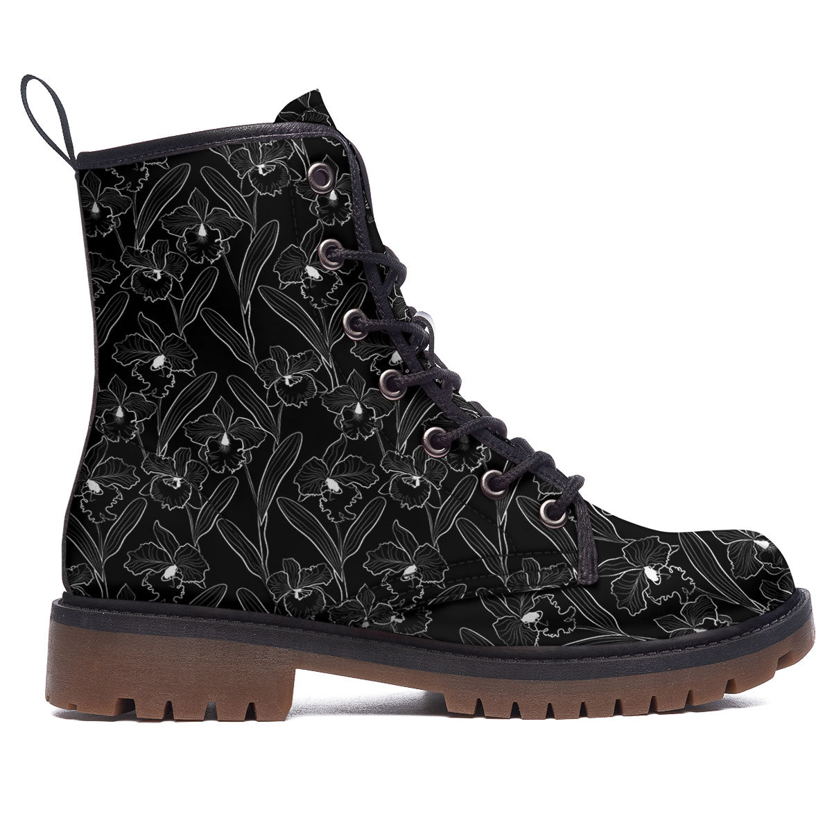 Flower Black Cattleya Print Pattern Work Boots-grizzshop