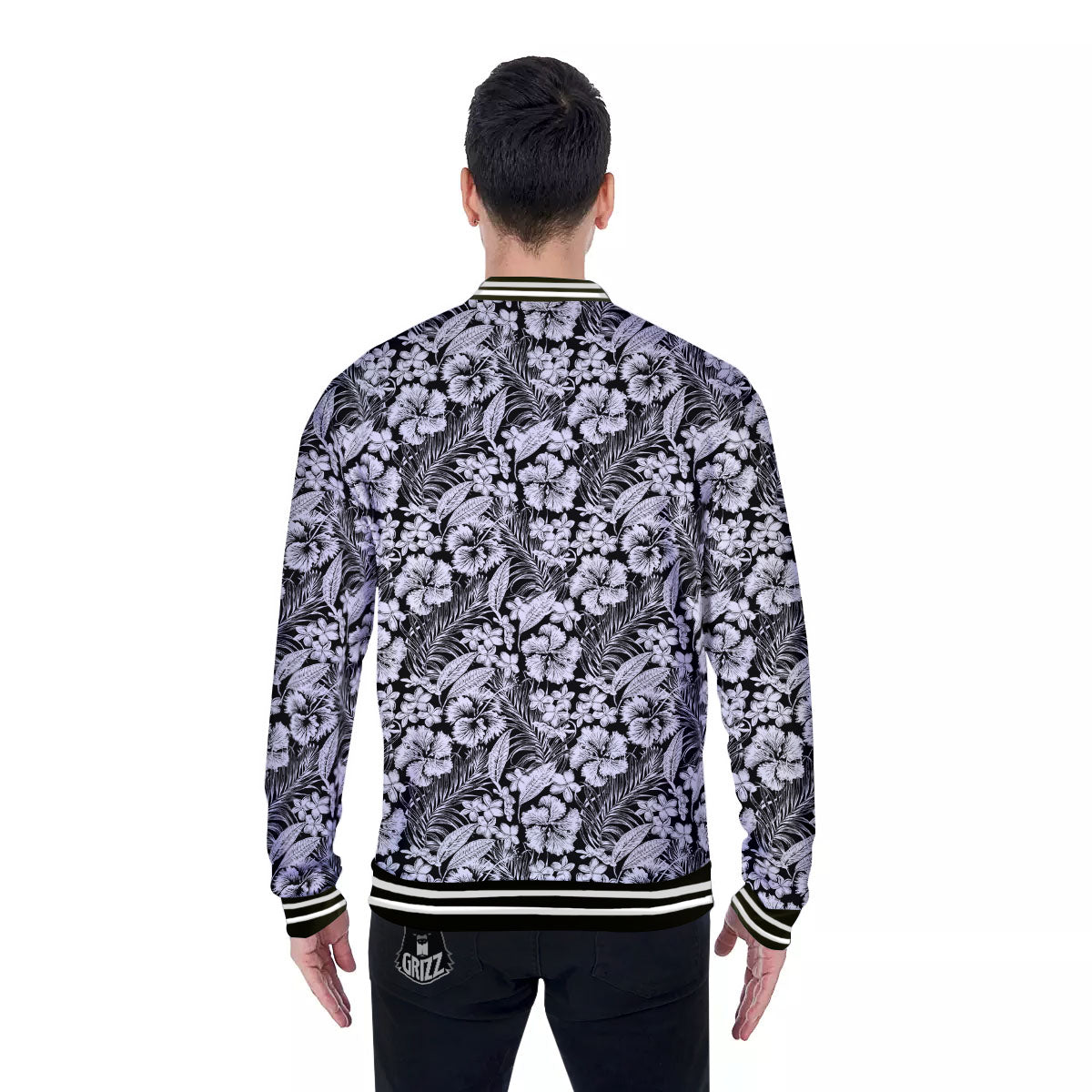 Flower Black Plumeria Print Pattern Baseball Jacket-grizzshop