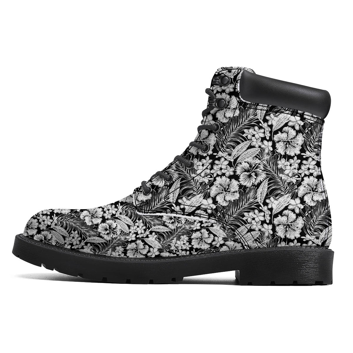 Flower Black Plumeria Print Pattern Boots-grizzshop