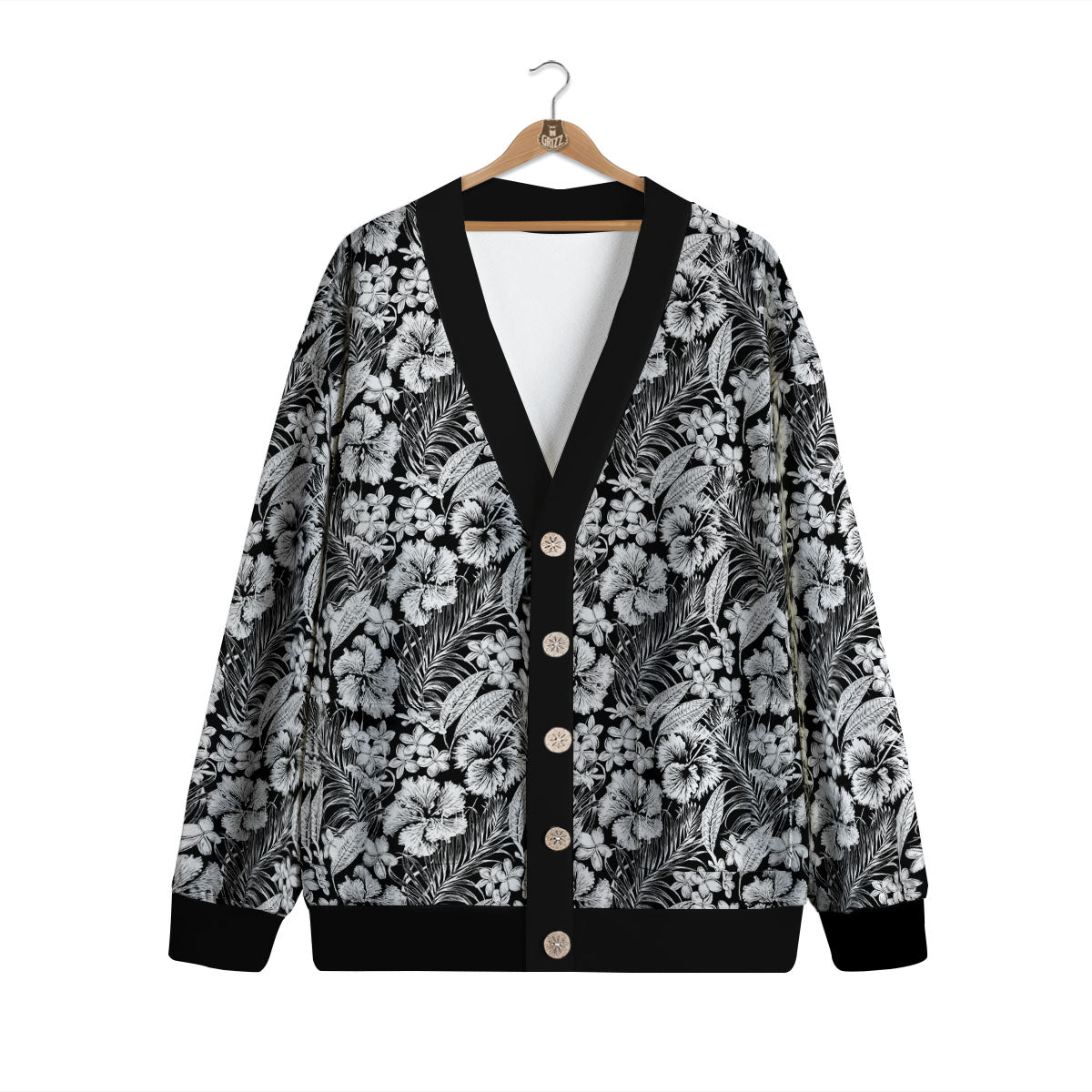 Flower Black Plumeria Print Pattern Cardigan-grizzshop
