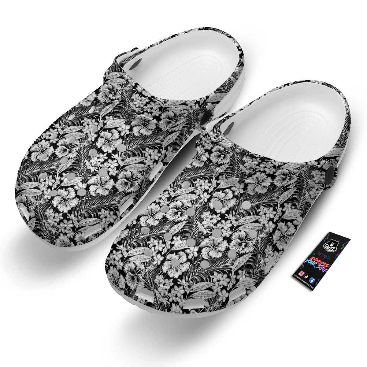 Flower Black Plumeria Print Pattern Clog-grizzshop