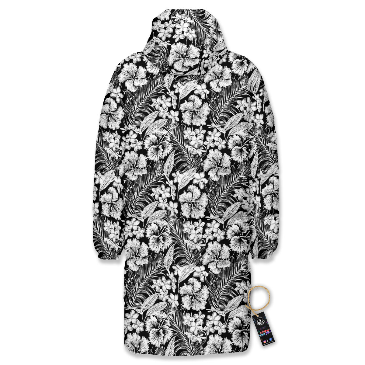Flower Black Plumeria Print Pattern Long Down Jacket-grizzshop