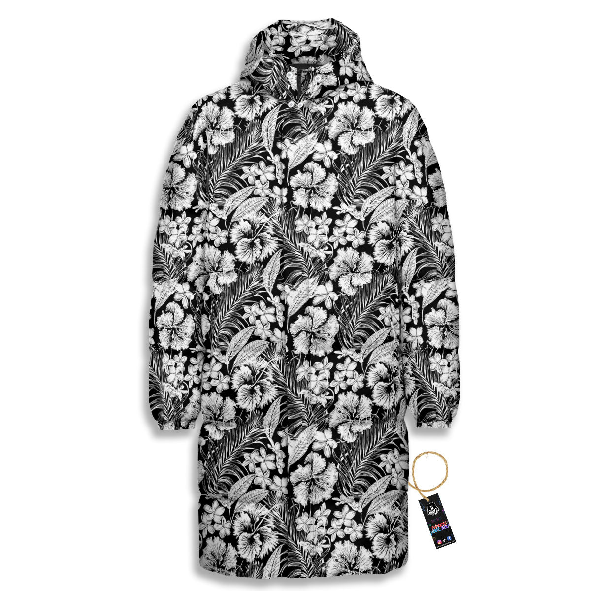 Flower Black Plumeria Print Pattern Long Down Jacket-grizzshop
