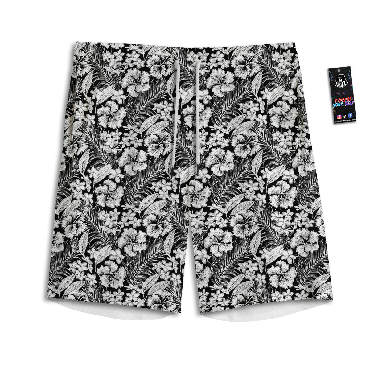 Flower Black Plumeria Print Pattern Men's Athletic Shorts