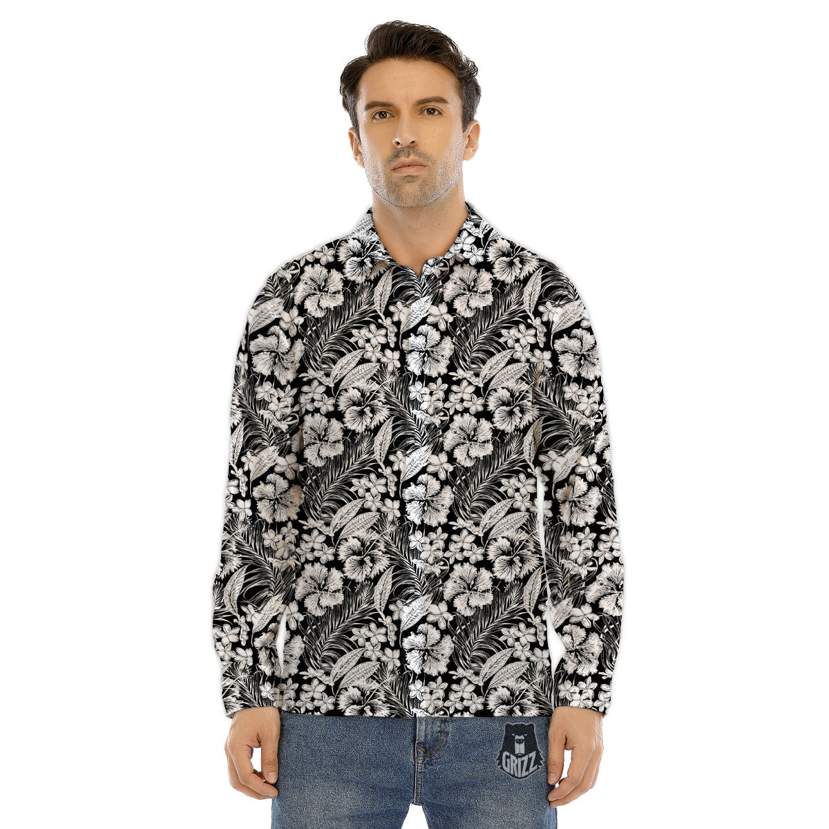 Flower Black Plumeria Print Pattern Men's Dress Shirts-grizzshop