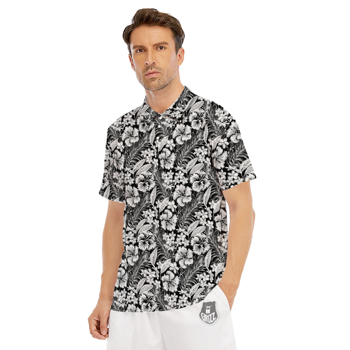 Flower Black Plumeria Print Pattern Men's Golf Shirts-grizzshop