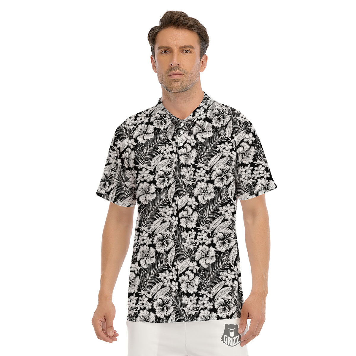 Flower Black Plumeria Print Pattern Men's Golf Shirts-grizzshop