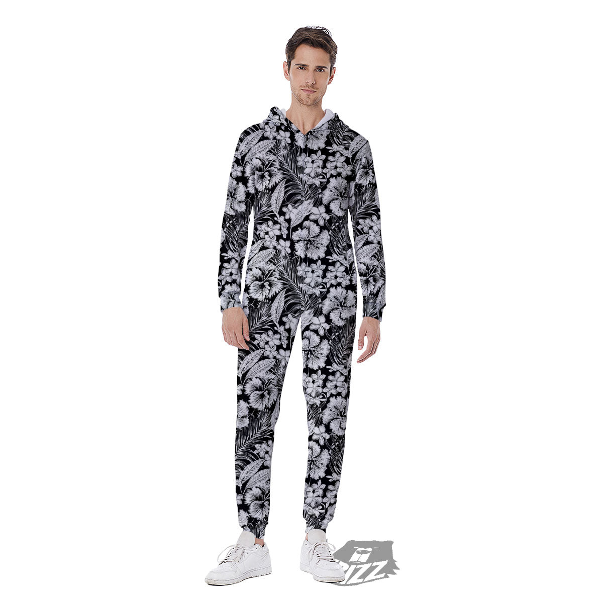 Flower Black Plumeria Print Pattern Men's Jumpsuit-grizzshop