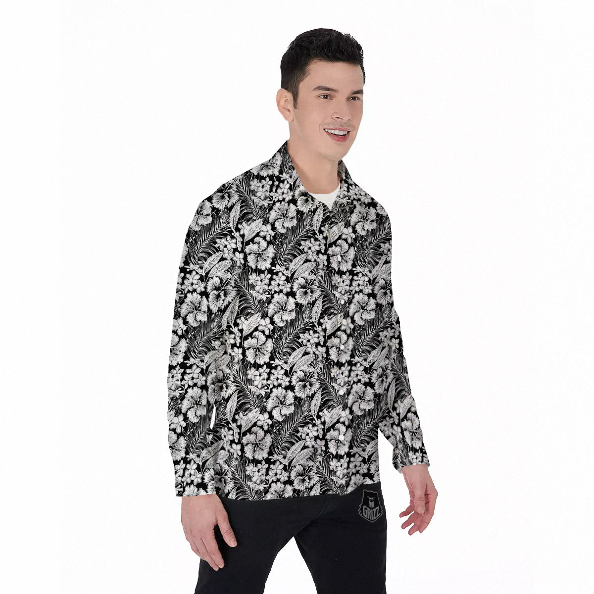 Flower Black Plumeria Print Pattern Men's Long Sleeve Shirts-grizzshop
