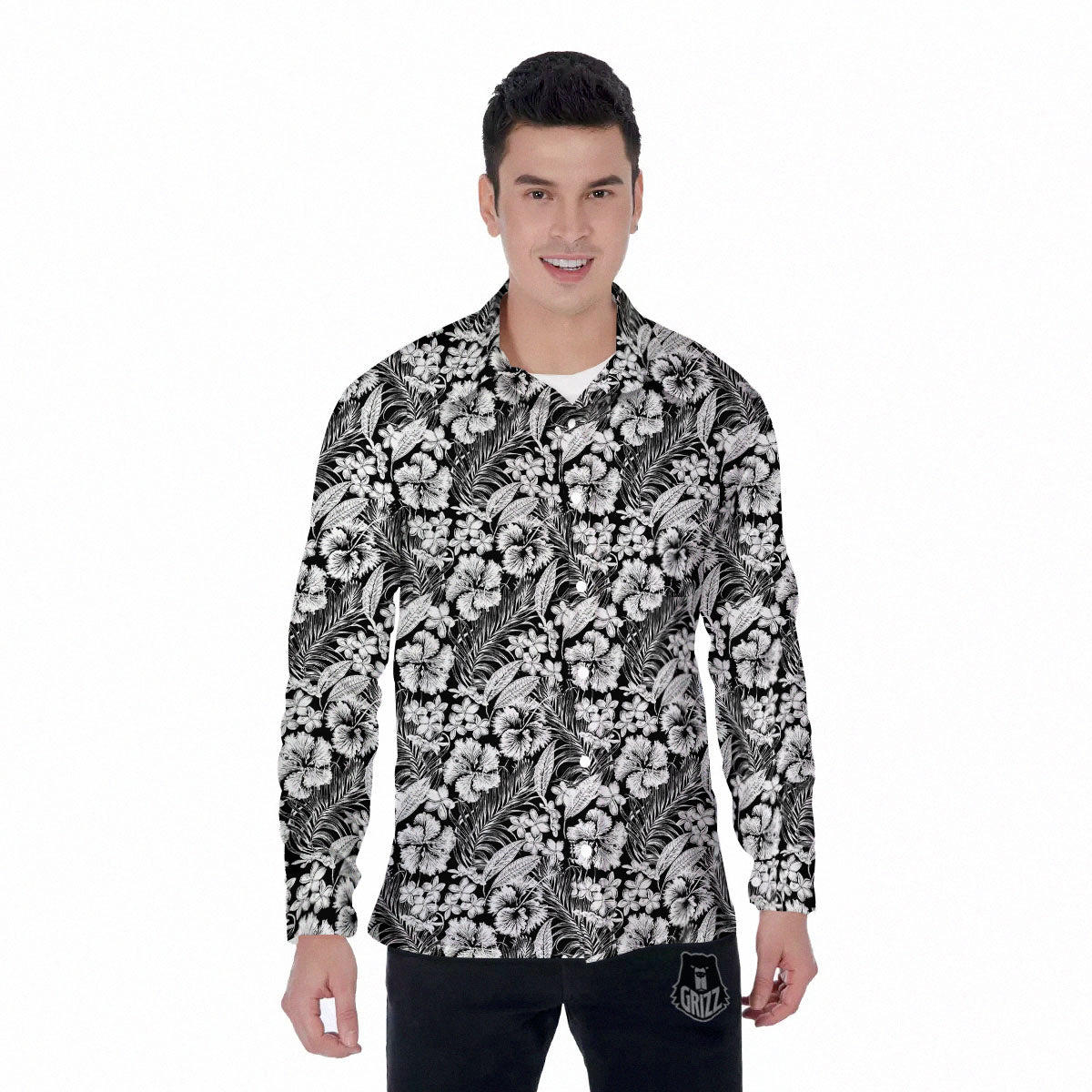 Flower Black Plumeria Print Pattern Men's Long Sleeve Shirts-grizzshop