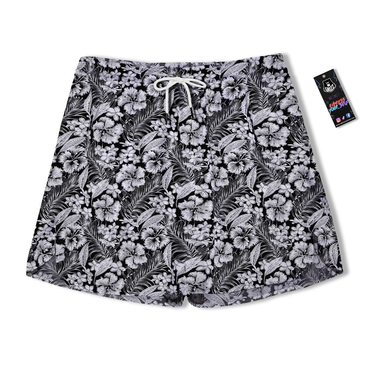 Flower Black Plumeria Print Pattern Men's Running Shorts-grizzshop