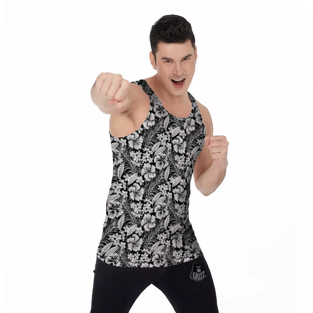Flower Black Plumeria Print Pattern Men's Tank Top-grizzshop