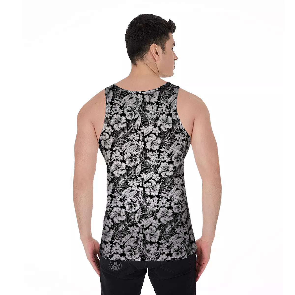 Flower Black Plumeria Print Pattern Men's Tank Top-grizzshop