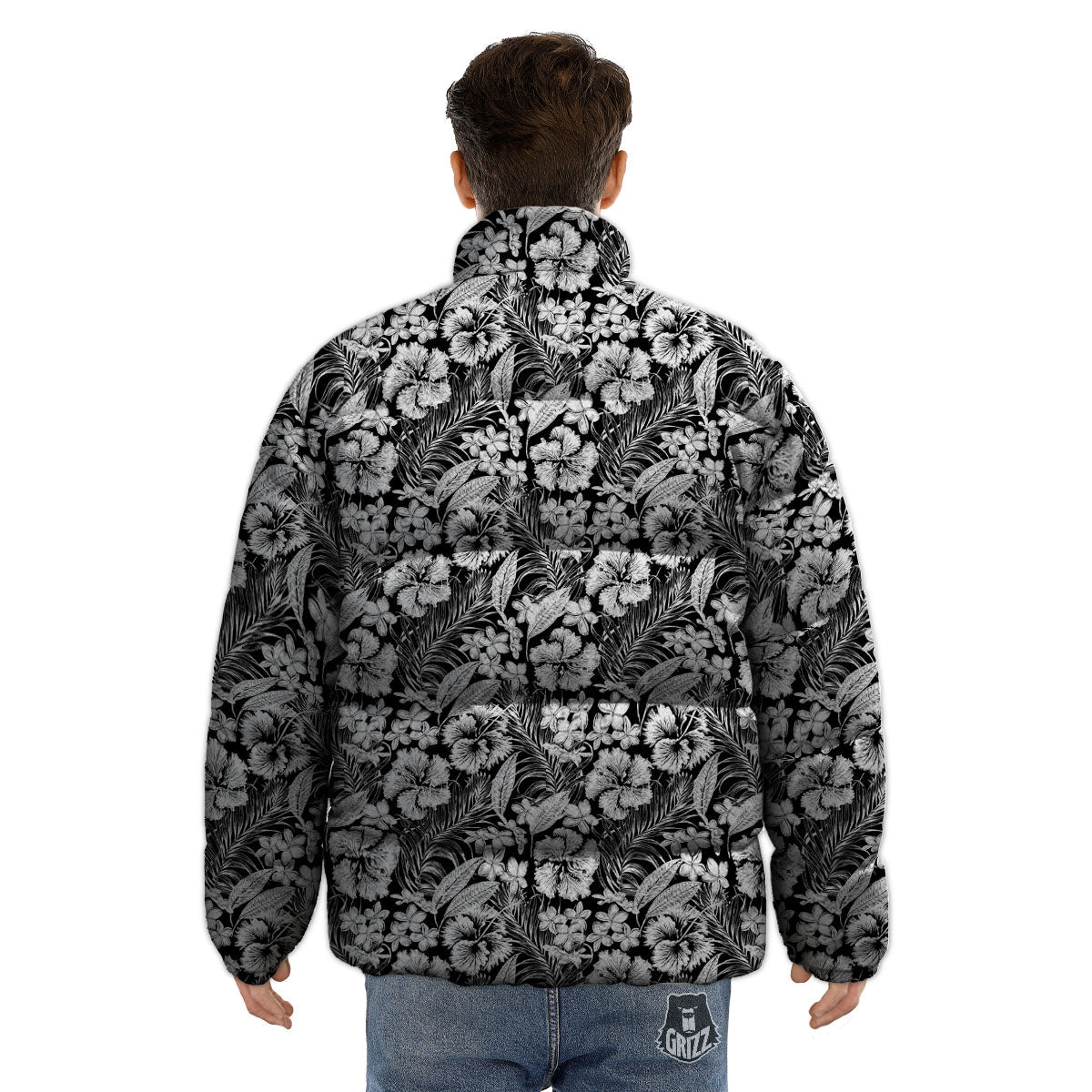 Flower Black Plumeria Print Pattern Puffer Jacket-grizzshop