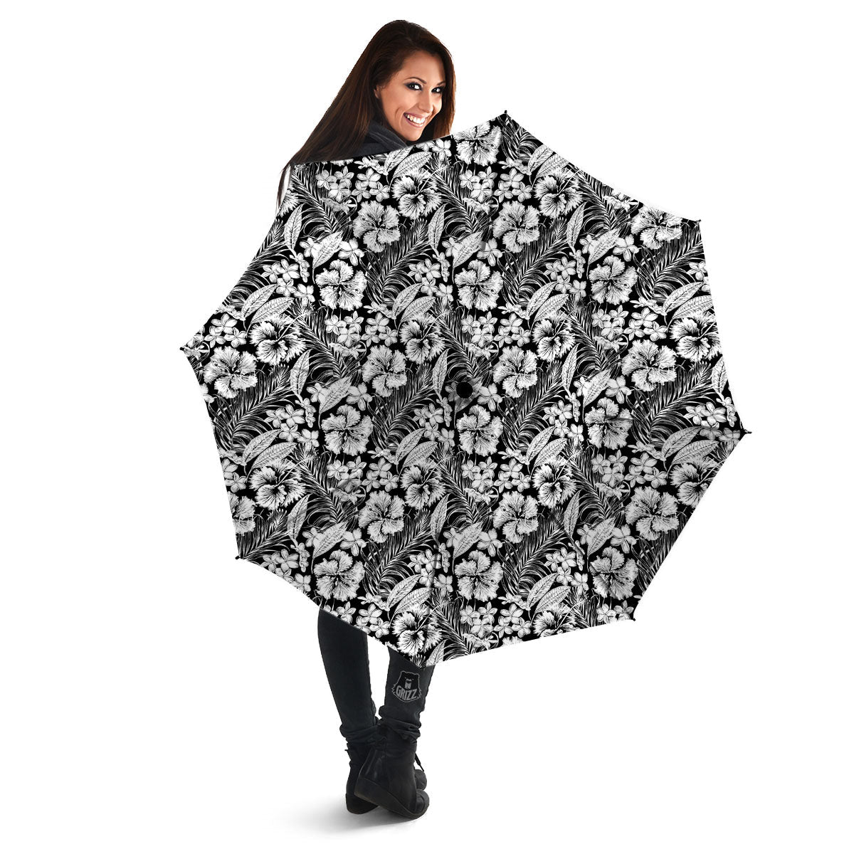 Flower Black Plumeria Print Pattern Umbrella-grizzshop