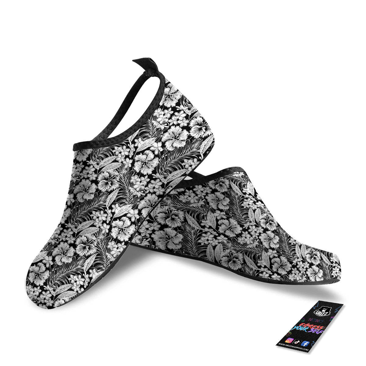Flower Black Plumeria Print Pattern Water Shoes-grizzshop
