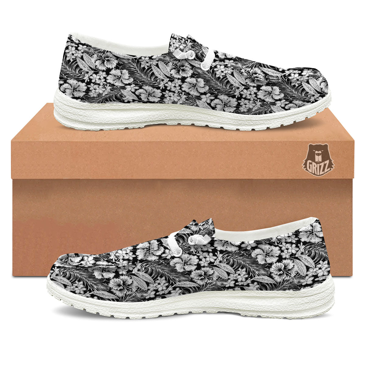 Flower Black Plumeria Print Pattern White Loafers-grizzshop