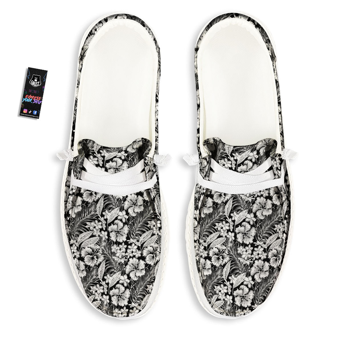 Flower Black Plumeria Print Pattern White Loafers-grizzshop