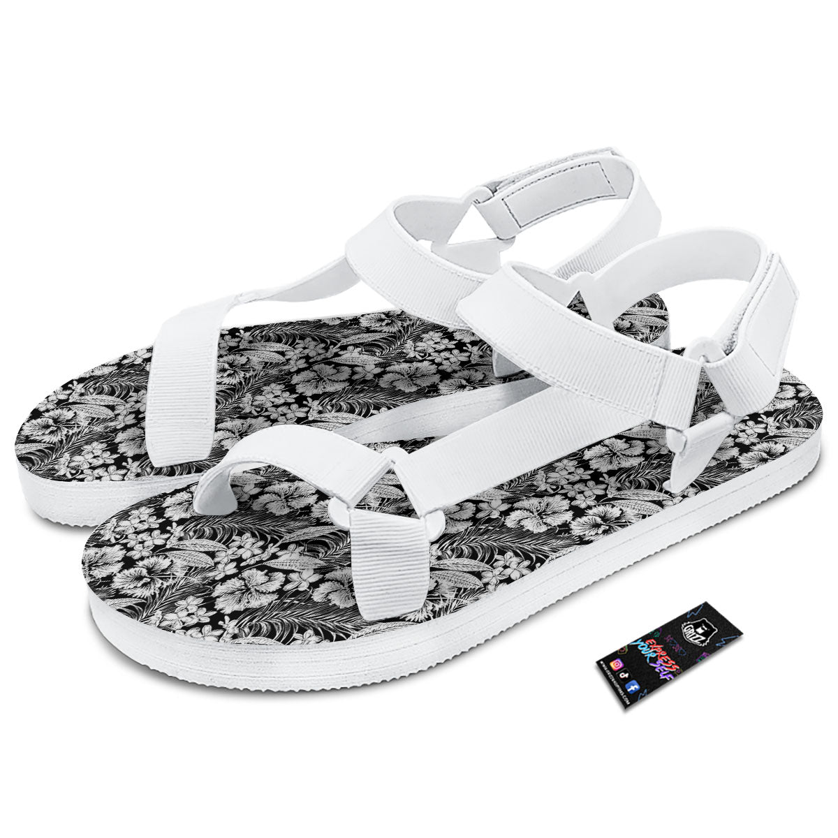 Flower Black Plumeria Print Pattern White Open Toe Sandals-grizzshop