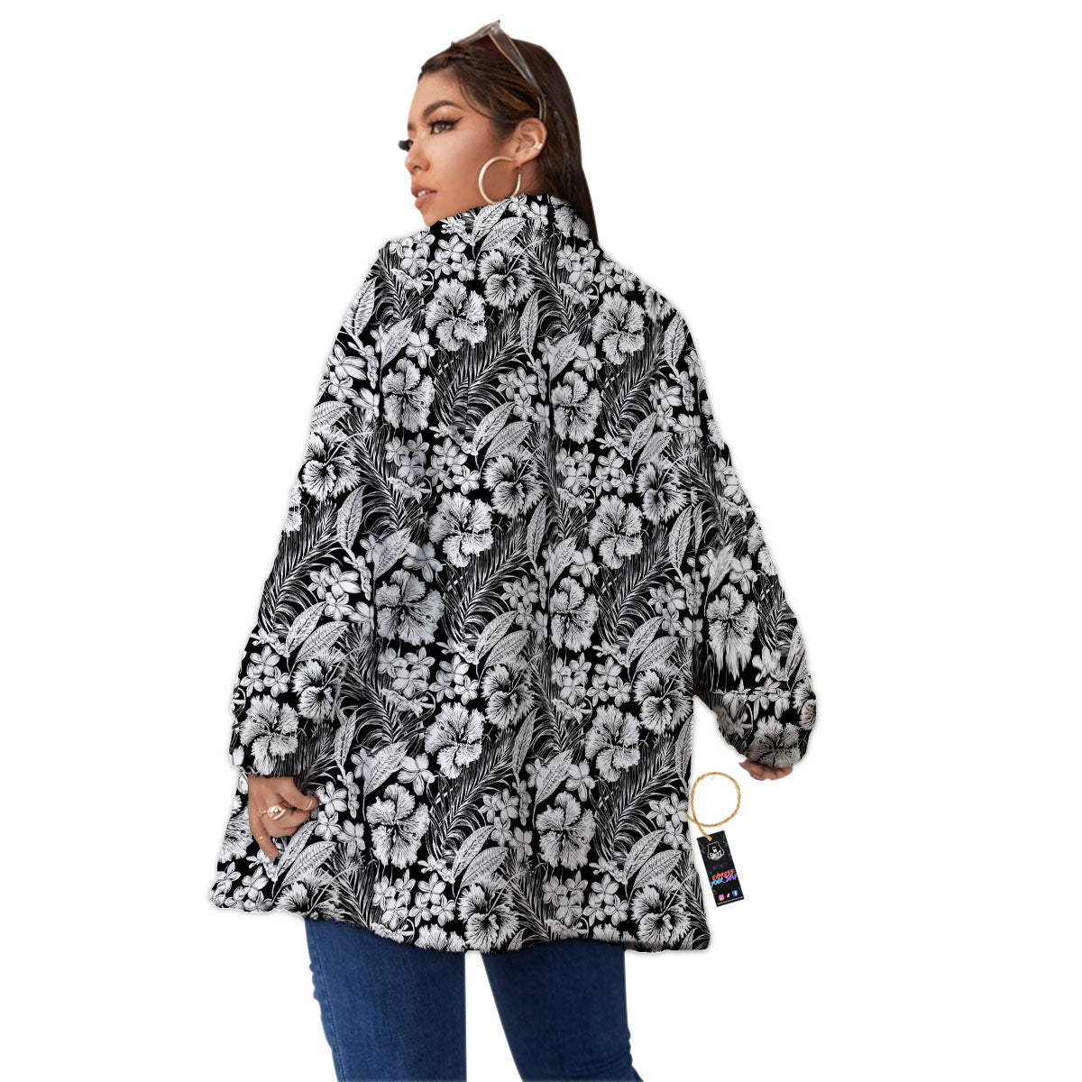 Flower Black Plumeria Print Pattern Women's Sherpa Jacket-grizzshop