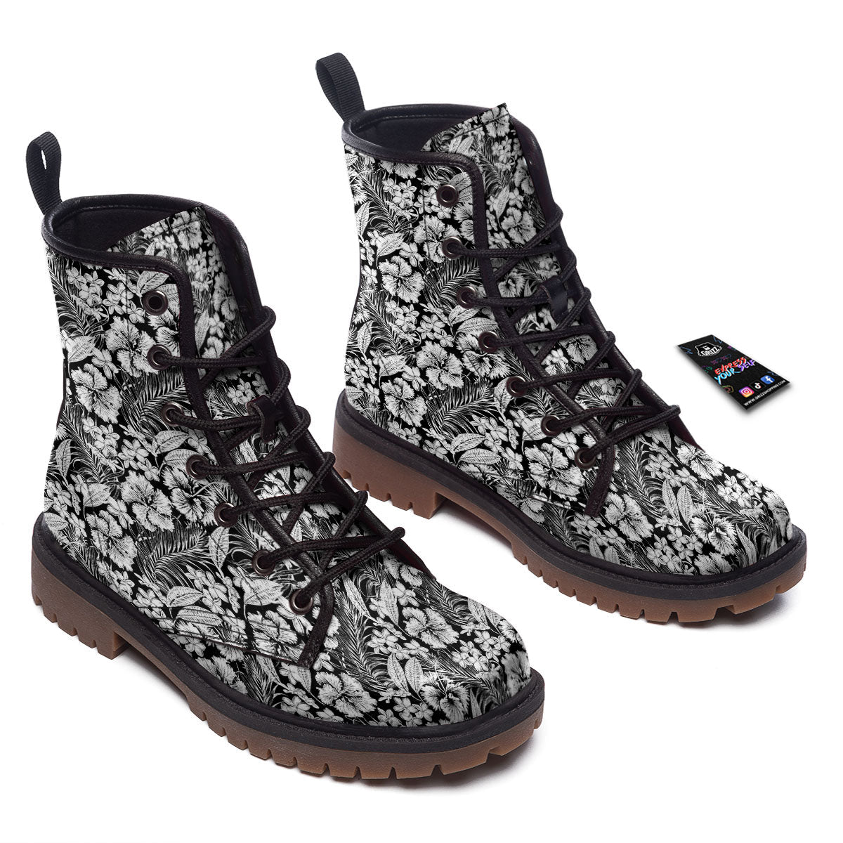 Flower Black Plumeria Print Pattern Work Boots-grizzshop