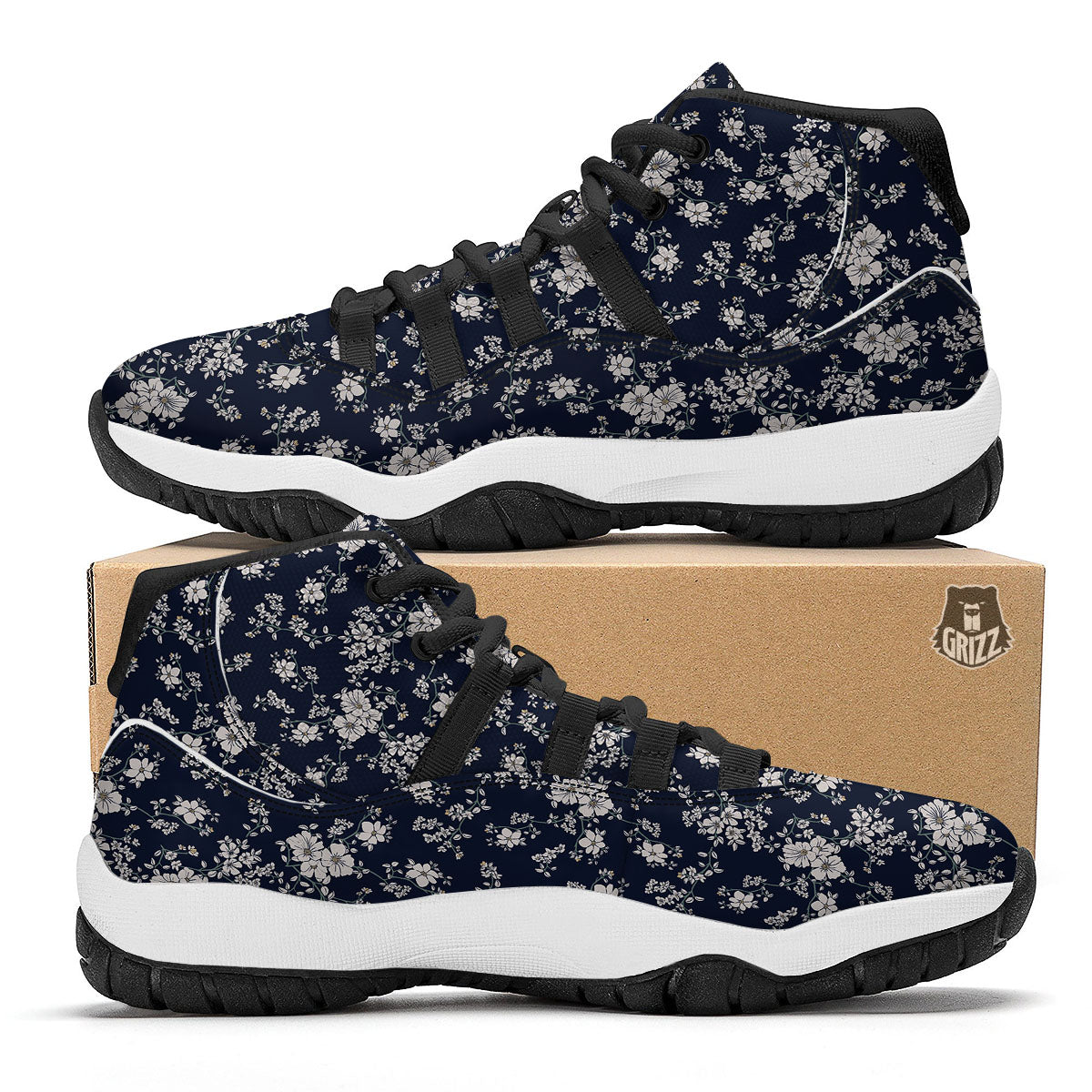 Flower Blossom Floral Print Pattern Black Bball Shoes-grizzshop