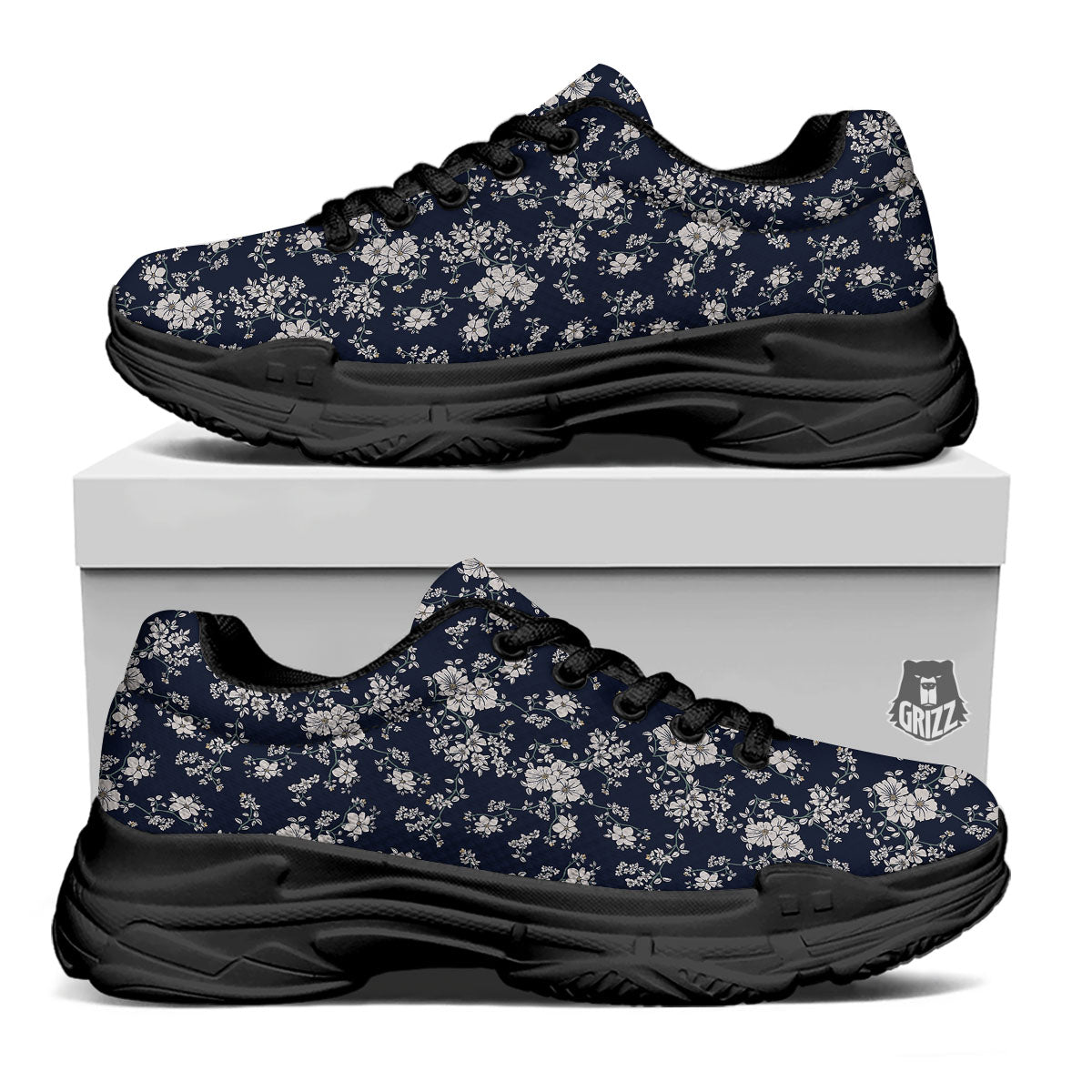 Flower Blossom Floral Print Pattern Black Chunky Shoes-grizzshop