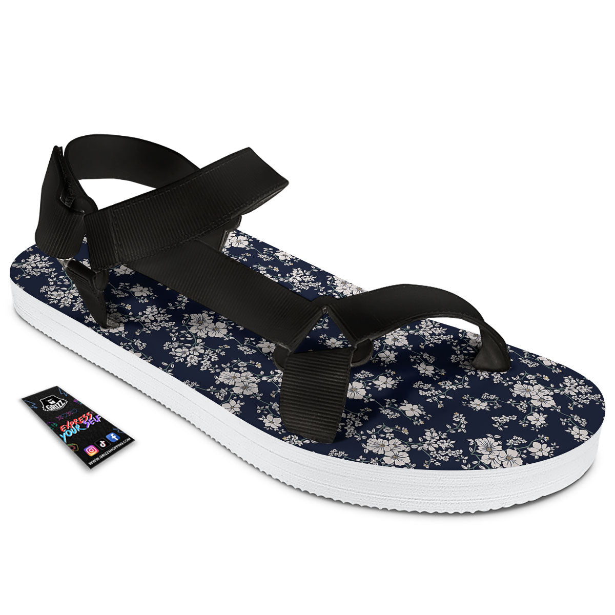 Flower Blossom Floral Print Pattern Black Open Toe Sandals-grizzshop