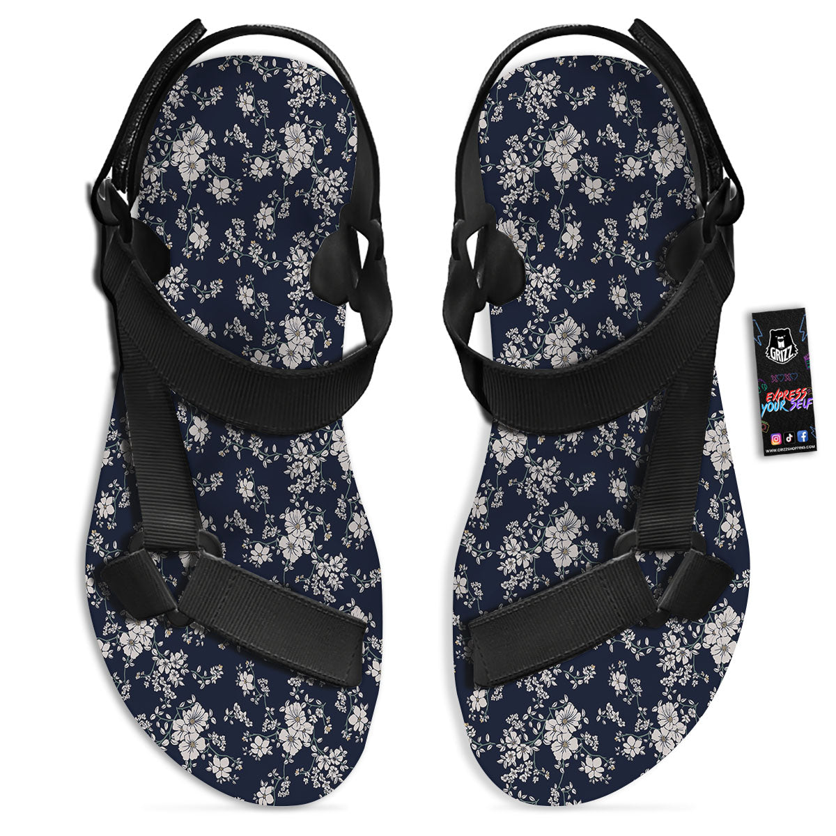 Flower Blossom Floral Print Pattern Black Open Toe Sandals-grizzshop