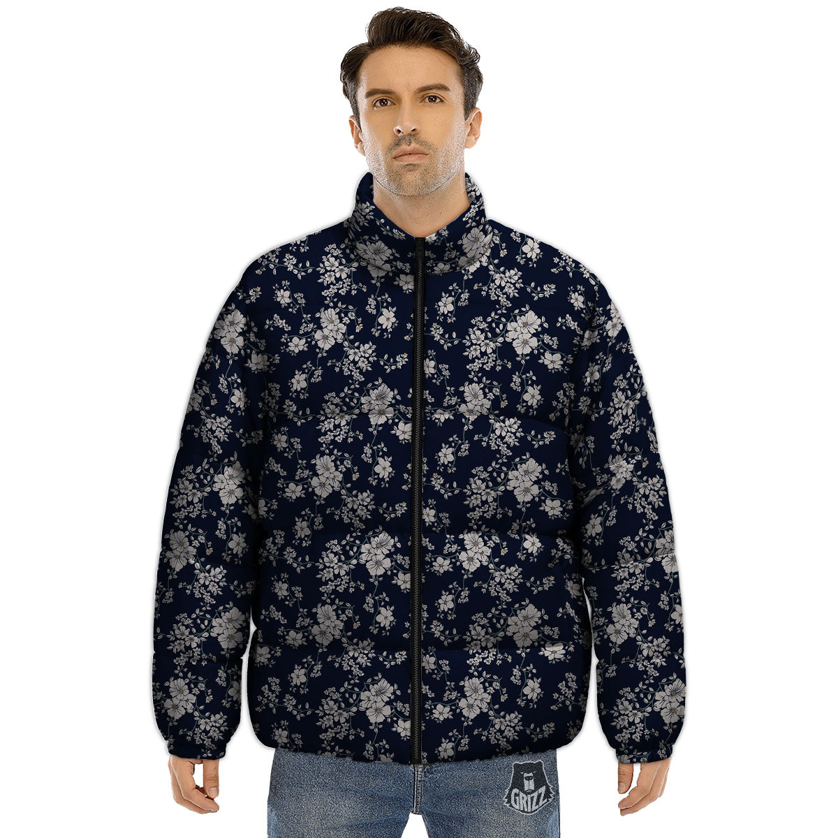 Flower Blossom Floral Print Pattern Puffer Jacket-grizzshop