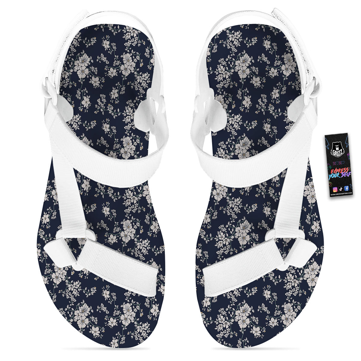 Flower Blossom Floral Print Pattern White Open Toe Sandals-grizzshop